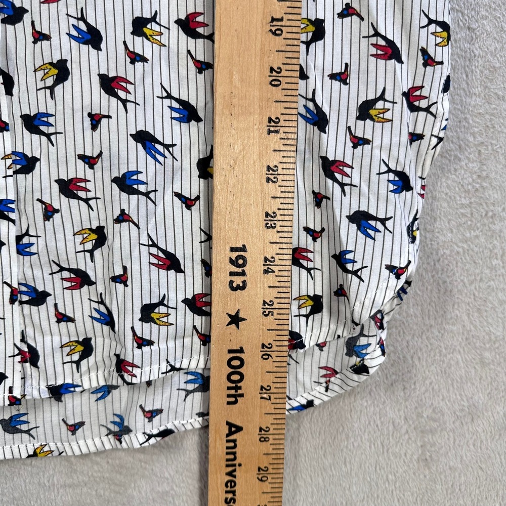 Grand & Greene Women's S Bird Print Pinstripe Button Down Shirt Roll Tab Rayon - Picture 6 of 8